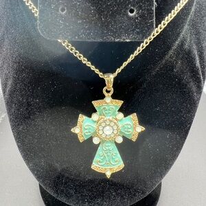 Vintage Gold Tone Turquoise Enamel Cross Necklace Opaline Stones 27” Chain